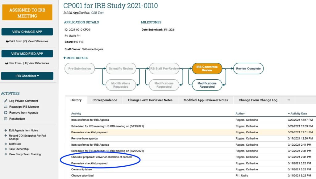 Image displays a screenshot of the Change Workspace in ARROW. In the central workspace, the "History" tab is shown, and within the content, the "Pre-review checklist prepared" and "Checklist prepared: waiver or alteration of consent" items are highlighted.