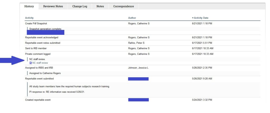 A screenshot of a study workspace in ARROW. A blue arrow pointing at "Private Comment Logged" in the History tab.