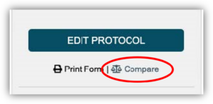 Screenshot of ARROW application showing a red circle around the "Compare" label under the "Edit Protocol" button.