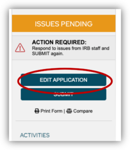 ARROW screenshot of main study workspace zoomed in on the left hand navigation menu with a red oval around "Edit Application" 