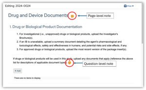 ARROW screenshot of application page. Red circle with blue arrow pointing to message icon next to the page title. Text reads "Page-level note." Second red circle with blue arrow pointing to message icon next to application question. Text reads "Question-level note."