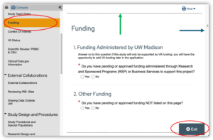 Screenshot of the ARROW application. Red circle highlight the orange box around the page being view. Green arrow point to dashed line separating application page. Blue arrow pointing to side scroll page. Red circle at the bottom of the page around the "Exit" button. 