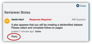 ARROW screenshot of review note pop-up with red circle around "Reply" in the bottom left corner.