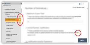 Screenshot of ARROW application with one red circle highlight comment bubbles in the left hand navigation menu and another red circle around comment bubble on the application page.