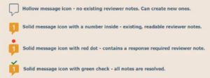 Hollow message icon = no reviewer notes. Solid message icon with a number inside = existing, readable reviewer note. Solid message icon with red dot = contains a response required reviewer note. Solid message icon with green check = all notes are resolved.