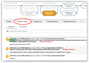ARROW screenshot of main study workspace with red oval around "Reviewer notes" button in the middle menu and green rectangle around "Question" in the list of reviewer notes