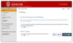 Screenshot of ARROW application show three buttons at the bottom of the screen labeled "Save," "Exit," and "Continue."
