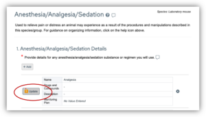 ARROW screenshot with red circle around "Update" button beneath application question. 