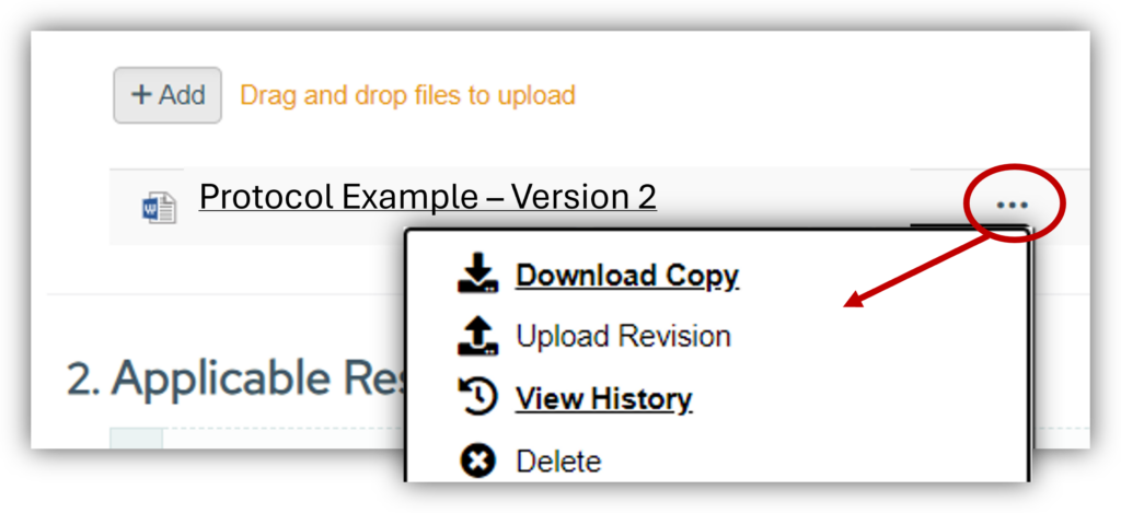 ARROW screenshot zoomed in on an application question with a document uploaded. In a red oval to the right of the file, there's a red oval around three dots. The pop up menu says "Download Copy," "Upload Revision," "View History," and "Delete."