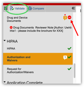 Screenshot of ARROW application showing the left-hand menu. Green circles highlights the Validate button. Red arrow pointing to the red icon showing there's an issue to address.