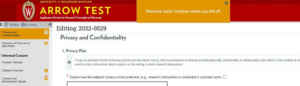 Screenshot of ARROW application showing "Welcome back! Continue where you left off" in a gold banner at the top of the page.