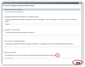 ARROW screenshot of table with small circle around message icon showing a reviewer note that needs to be addressed. Larger circle around the "OK" button in the bottom right corner.