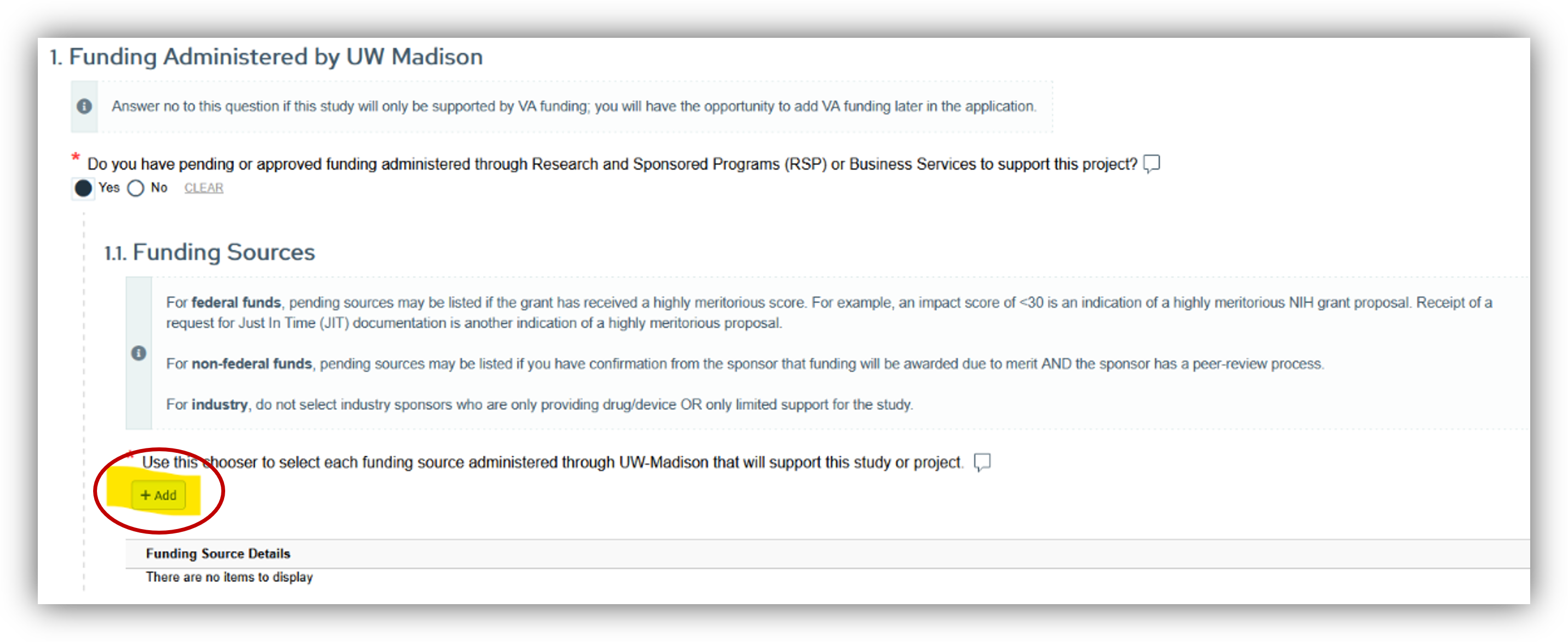 Screenshot showing question #1 on the Funding page in ARROW with a red circle and yellow highlight on the "Add" button under #1.1.