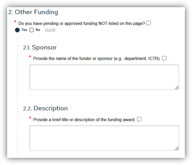 Screenshot showing question #2, "Other Funding," of the Funding page in ARROW