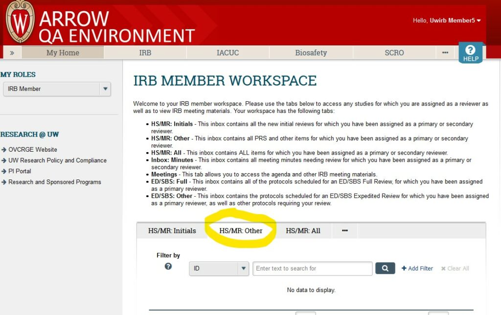 Screenshot of ARROW user interface, from perspective of logged in IRB Member.
"HS/MR: Other" tab is highlighted in the central workspace.