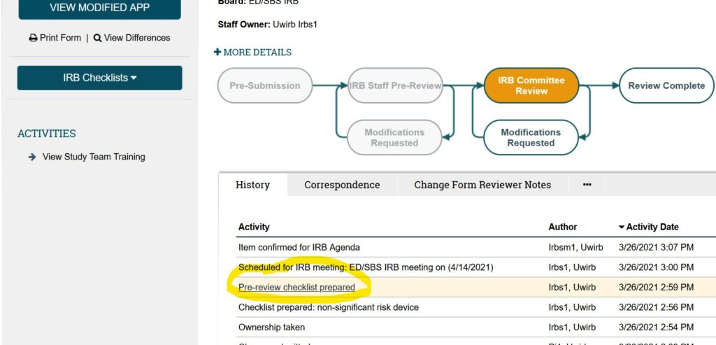 Screenshot of a study workspace.
Under the History tab in the middle, "Pre-review checklist prepared" is highlighted as the place to click to view HRP-401, the pre-review checklist.