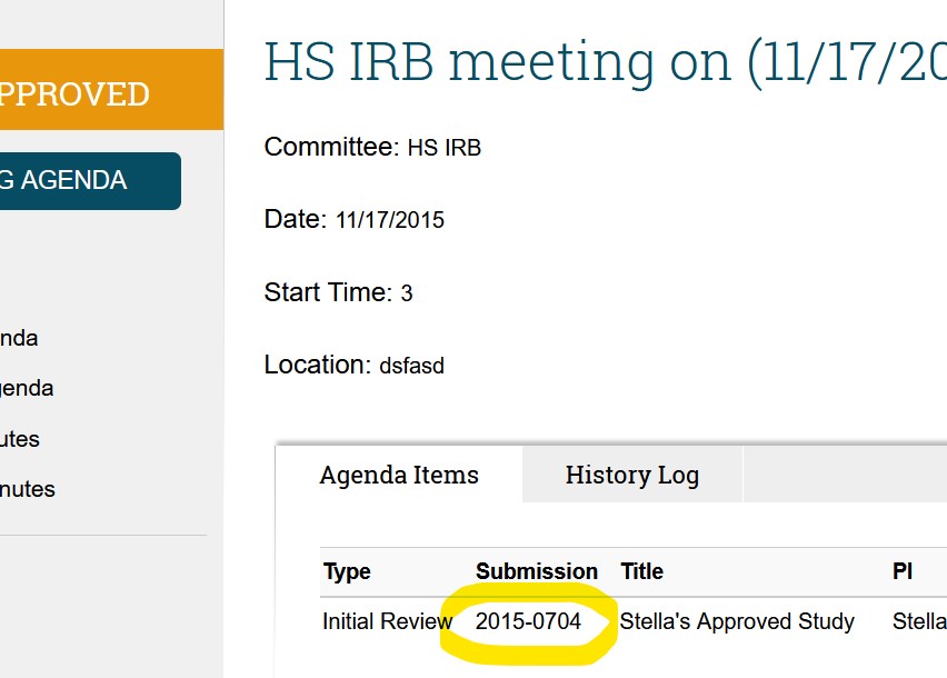 Screenshot of a meeting workspace in ARROW. In the central workspace, under the "Agenda Items" tab, an Initial Review's 8-digit submission number (beginning with a calendar year) is highlighted as the place to click to review the minutes for an individual item on the agenda.