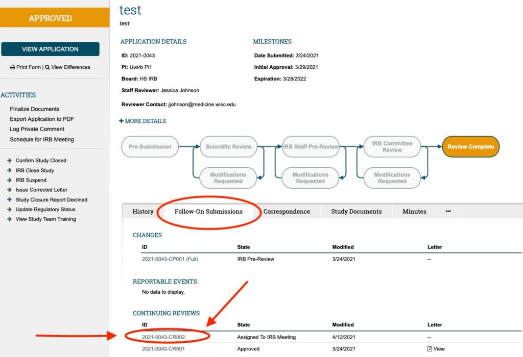 Screenshot of the main study workspace in ARROW. An arrow points to the Follow-On Submissions tab in the central portion of the page. A circle highlights the continuing review portion of the Follow-On Submissions tab.