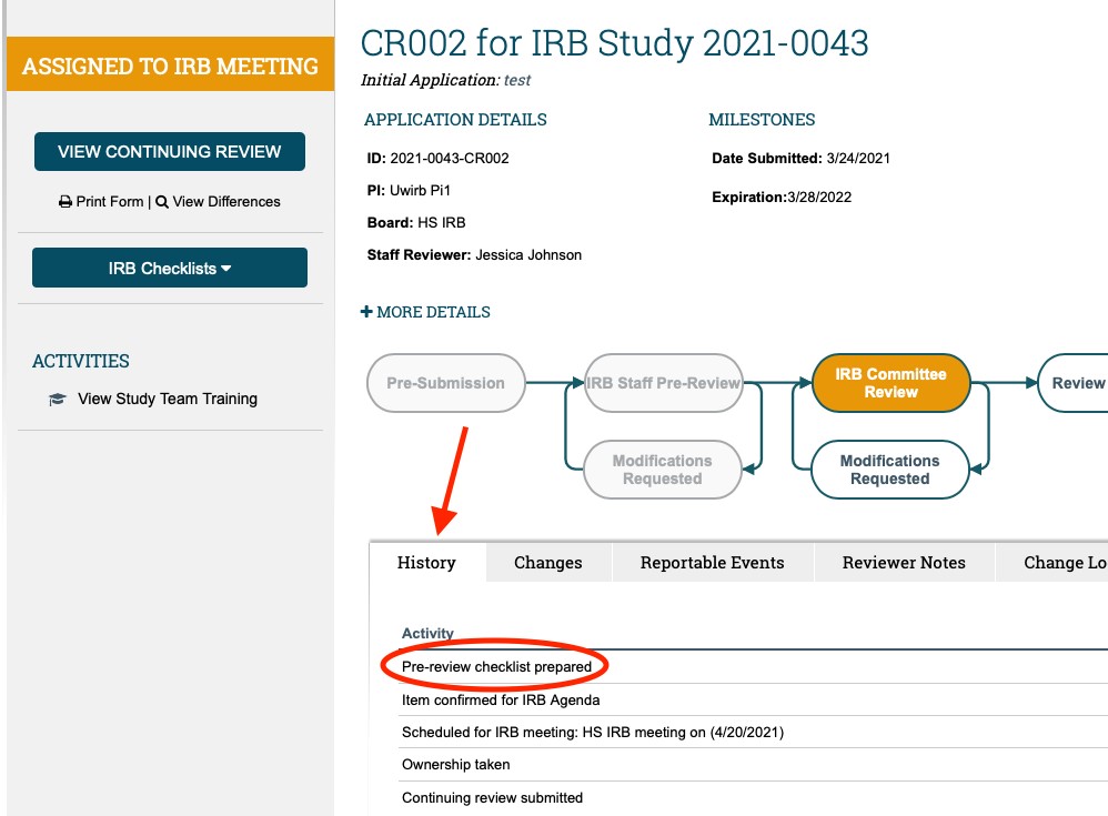 Image displays a screenshot of the Continuing Review Workspace in ARROW. An arrow points to the History tab in the central portion of the page, with a circle highlighting the "Pre-review checklist prepared" activity.