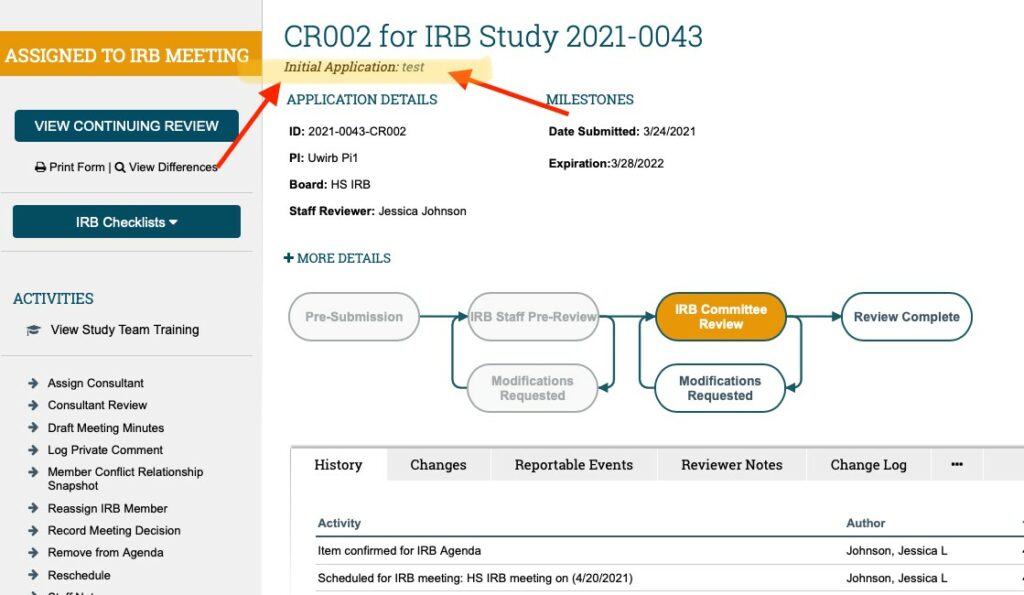 A screenshot of a continuing review workspace within ARROW is displayed. A circle highlights the Initial Application Study Title.  