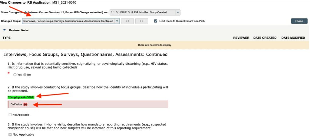 A screenshot of a change application within ARROW is displayed. An arrow points at the "Changed Steps" drop-down menu. Arrows point to green highlighted text showing changed text and red highlighted text showing deleted text.