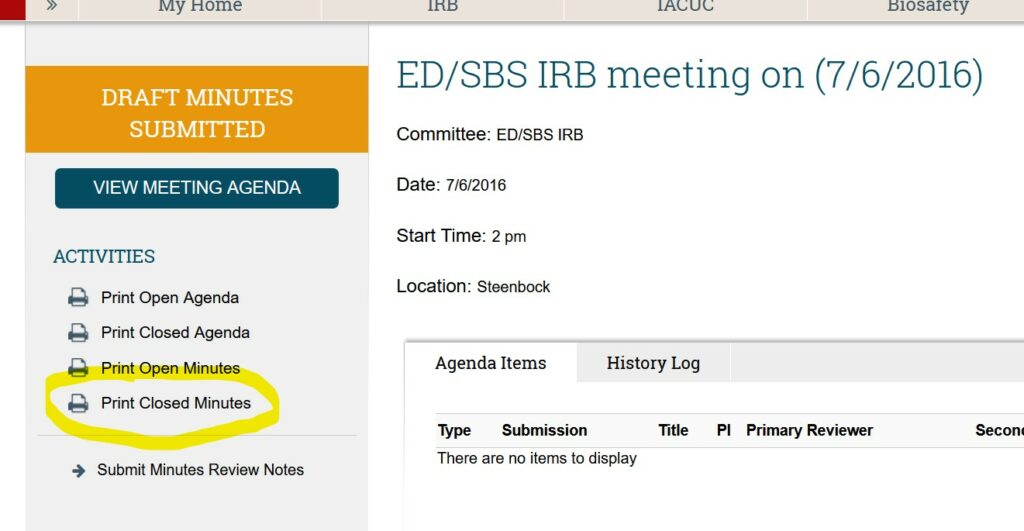 Screenshot of a meeting workspace in ARROW. The meeting is in the "draft minutes submitted" state. On the left sidebar, under the heading "Activities," "Print Closed Minutes" is highlighted as the activity to click in order to review the entire meeting minutes document.