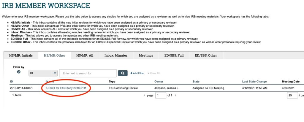 Image displays a screenshot of the IRB Member Workspace in ARROW. The Continuing Review header in the middle of the page is highlighted as the place to find continuing reviews assigned for review. 