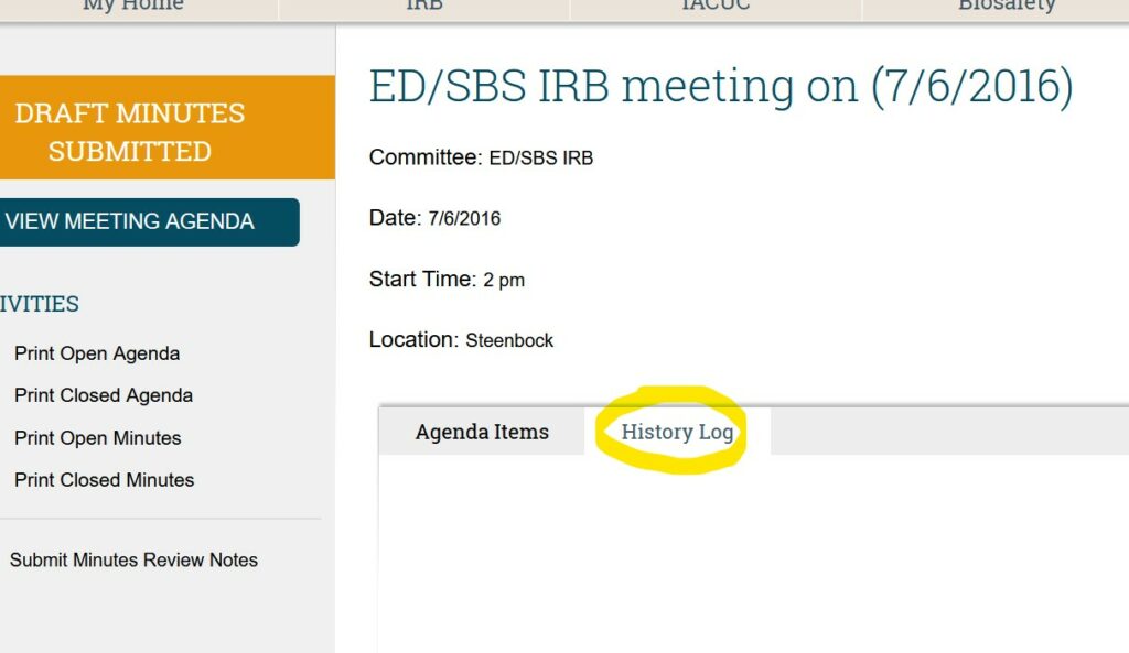 Screenshot of a meeting workspace in ARROW. In the primary workspace, the "History Log" has been highlighted as the place to click to check for a file containing the meeting's minutes.