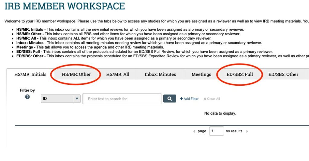 Image displays a screenshot of the IRB Member Workspace in ARROW. The "HS/MR: Other" and "ED/SBS: Full" headers in the middle of the page are highlighted as the place to find applications assigned for review. 