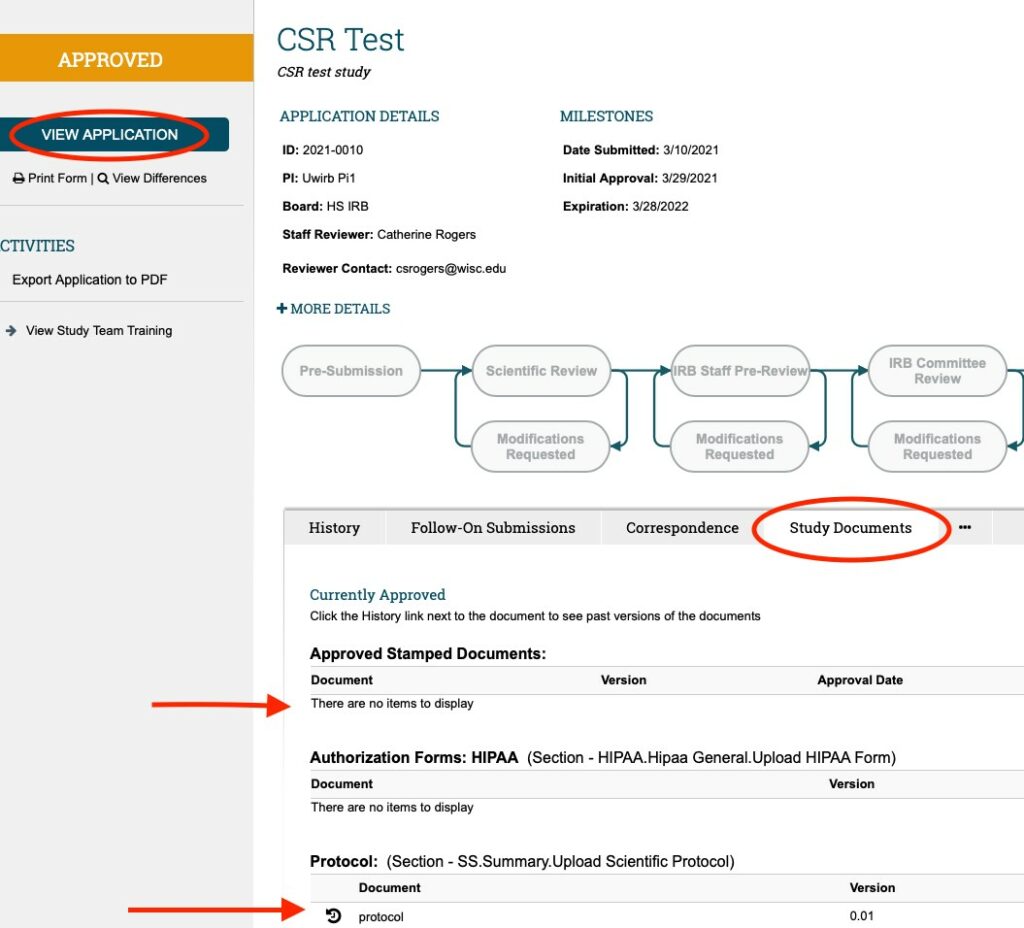 Screenshot of the main study workspace in ARROW. A circle highlights the "View Application" button in the left-hand menu. A circle highlights the "Study Documents" tab in the central part of the page. An arrow points to the Approved Stamped Documents section within the Study Documents tab.