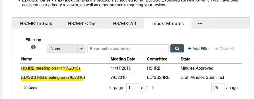 Screenshot of IRB Member workspace in ARROW, with highlights indicating that named meetings within the "Inbox: Minutes" tab are the place to click under "Name," to access a set of minutes for a particular meeting. Examples of names displayed include "HS IRB meeting on (11/17/2015)" and "ED/SBS IRB meeting on (7/6/2016)."