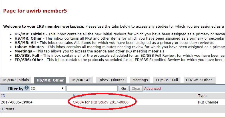 Image displays a screenshot of the IRB Member Workspace in ARROW. In the central workspace, the "HS/MR: Other" tab has already been selected, and within the content, the name of an agenda item has been highlighted as the place to click to go to the first review item. The title of the sample item is, "CP004 for IRB Study 2017-0006." Next to the title, the "Type" is defined as "IRB Change."