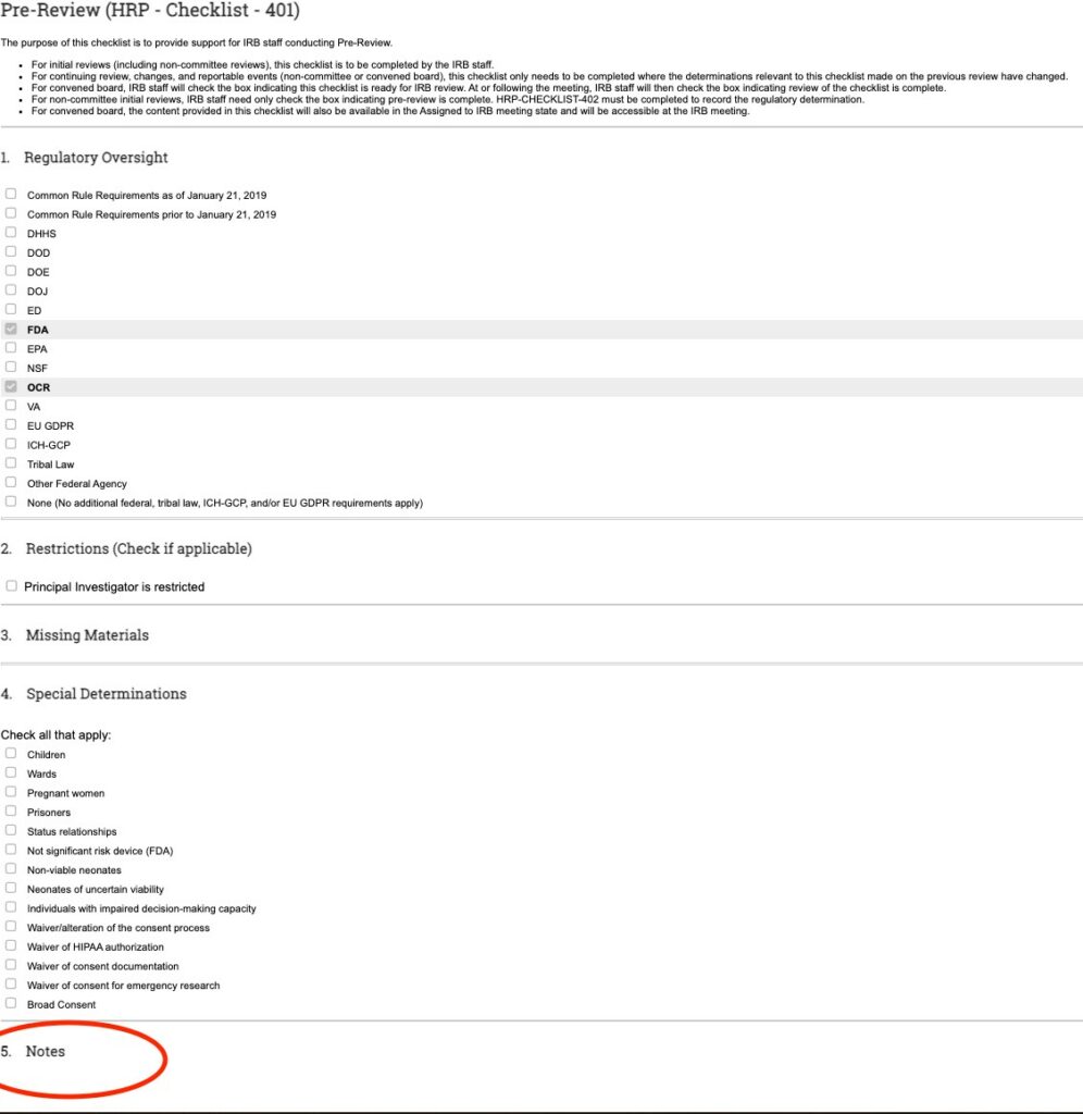 Screenshot of a document called "Pre-Review (HRP - Checklist - 401)." Some dense text at the top explains the purpose of the checklist. Section #1 is titled "Regulatory Oversight." Section #3 is "Missing Materials," and #4 is, "Special Determinations." Further down, section #5 "Notes" is highlighted as the place where staff reviewers will identify major issues or concerns.