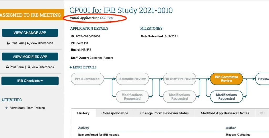 A screenshot of a change workspace within ARROW is displayed. A circle highlights the Initial Application Study Title.  