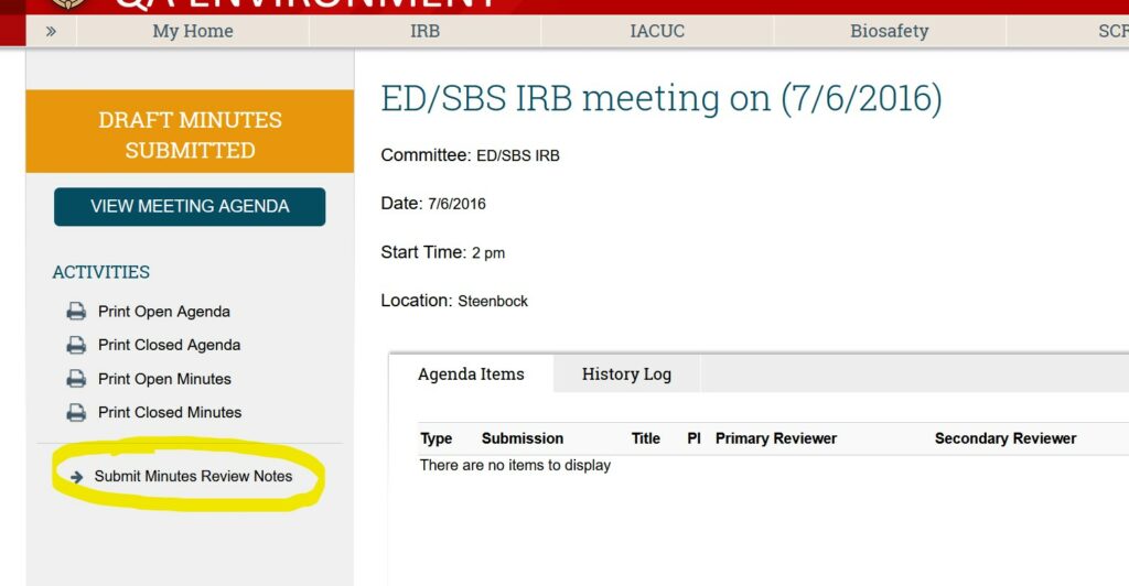 Screenshot of a meeting workspace in ARROW. The meeting is in the "draft minutes submitted" state. On the left sidebar, under the heading "Activities," "-> Submit Minutes Review Notes" is highlighted as the activity to click in order to open a window where you will document whether you have any revisions for the draft meeting minutes, and if so, what they are.