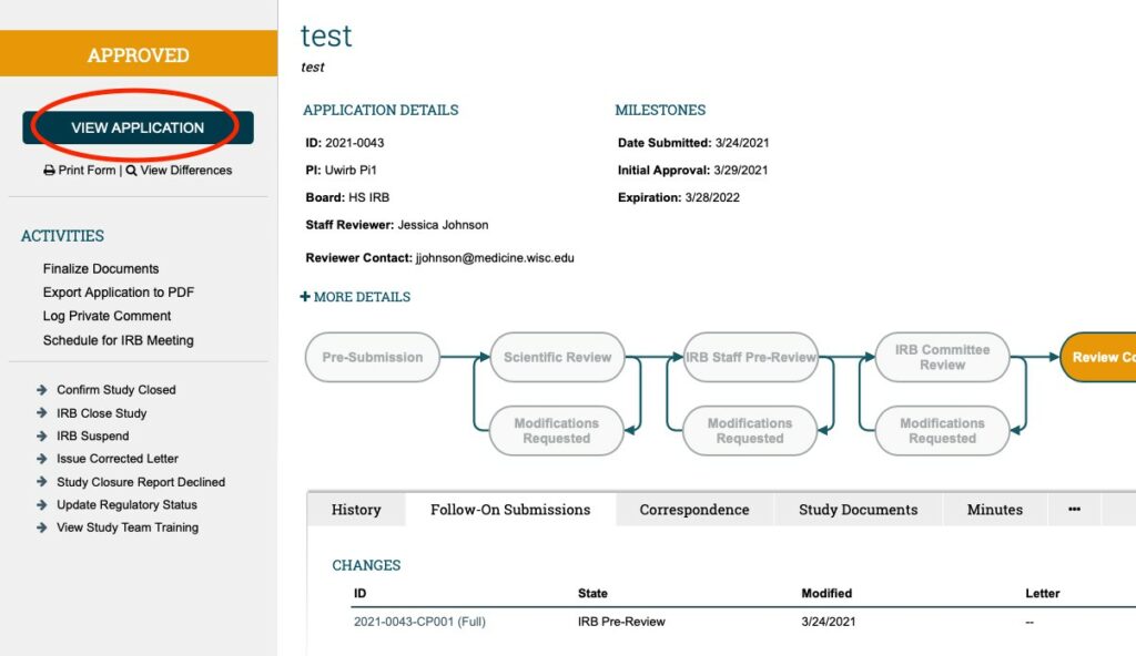 Screenshot of the main study workspace in ARROW. A circle highlights the "View Application" button in the left-hand menu. 