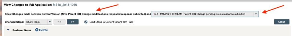 A screenshot of a change application within ARROW is displayed. Arrows point at "Show Changes made between Current Version" button and a drop-down menu displaying "Parent IRB Change pending issues response submitted"