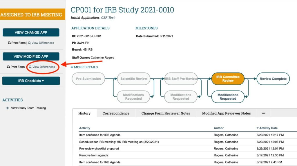 A screenshot of a change workspace within ARROW is displayed. An arrow points at the circled "View Differences" button under the "View Modified App" header in the left-hand menu.