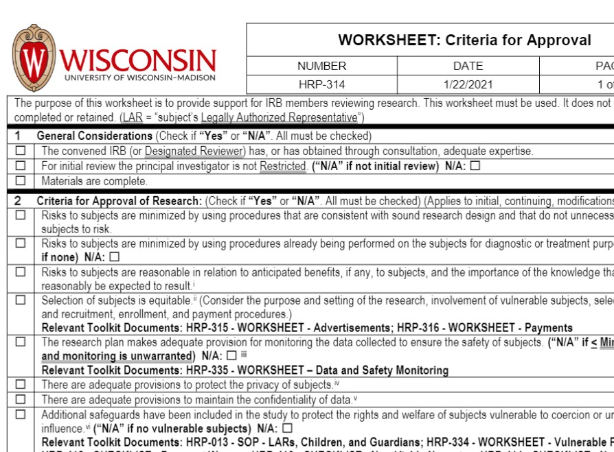 A screenshot of the Word document HRP-314, "WORKSHEET: Criteria for Approval." Section #2 is titled, "Criteria for Approval of Research," and begins with, "Risks to subjects are minimized by using procedures that are consistent with sound research design..."