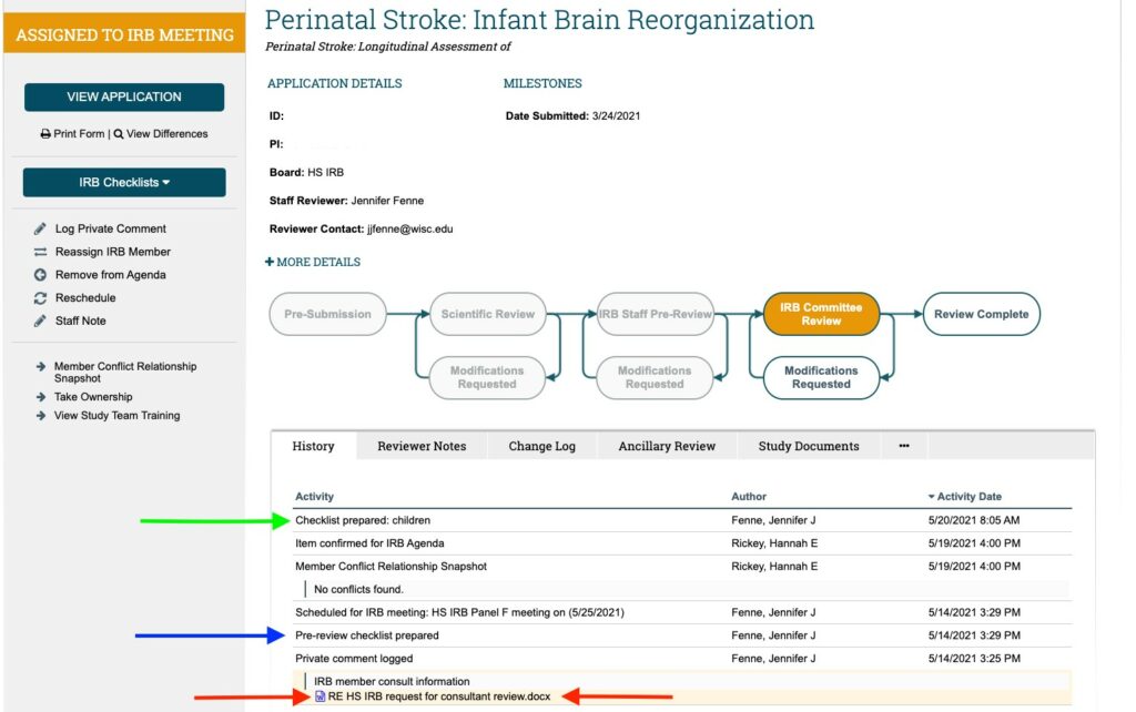 A screenshot of a study workspace in ARROW. A blue arrow points to the "Pre-review checklist prepared" activity in the History tab, where one can click to view HRP-401.
A green arrow points to "Checklist prepared: children," where one can click to view the regulatory checklist related to children.
Two red arrows point to a "Private Comment logged" activity from the staff reviewer, where a Word document containing a consultant's review has been uploaded.