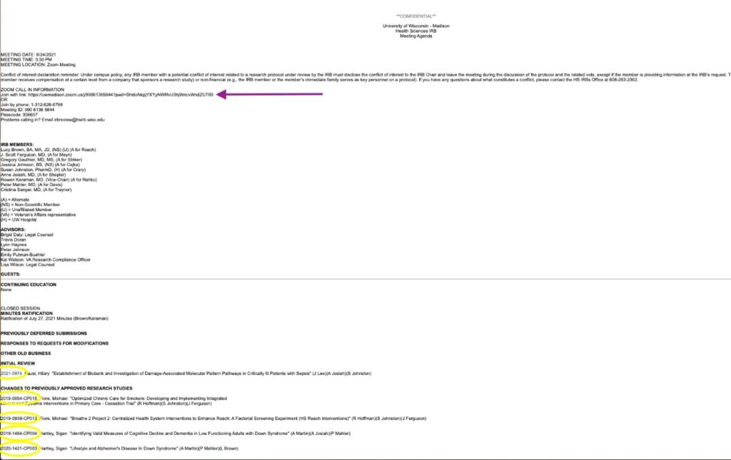 A screenshot of an IRB Meeting Agenda formatted into a printer-friendly plain text version. 

Under "ZOOM CALL-IN INFORMATION" towards the top, a purple ARROW points to the Zoom URL link.

Further down, in the body of the agenda under "Closed Session," yellow circles indicate an initial application and four change submissions that have been scheduled to this meeting agenda.