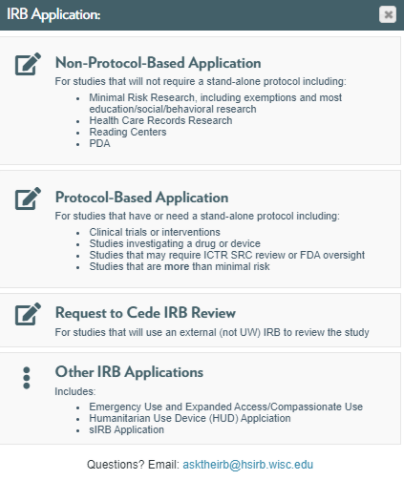 ARROW Application Wizard shown with the following options listed: non-protocol-based application, protocol-based application, request to cede IRB review, and other IRB applications.