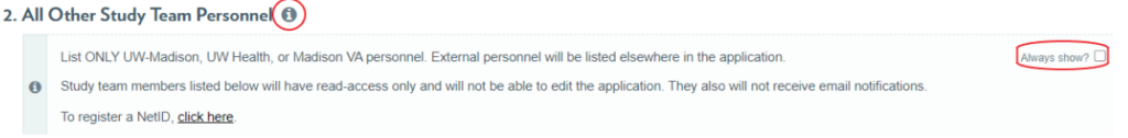 Image shows red circle around 'i' information icon and red circle around text reading 'Always show?' with a check box next to it. 